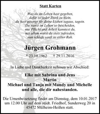 Traueranzeige von Jürgen Grohmann von Mülheimer Woche