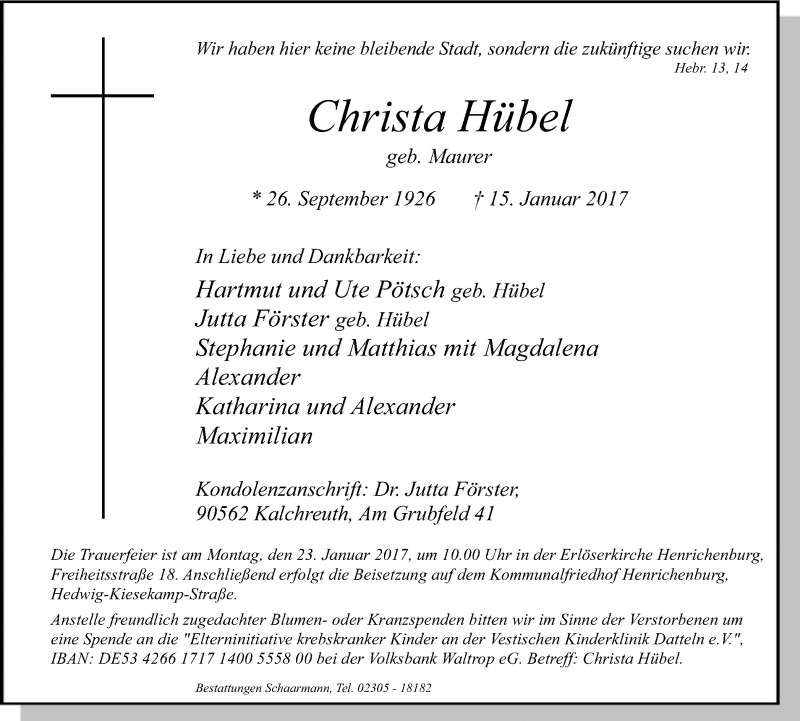  Traueranzeige für Christa Hübel vom 21.01.2017 aus Stadtanz.Castrop-Rauxel