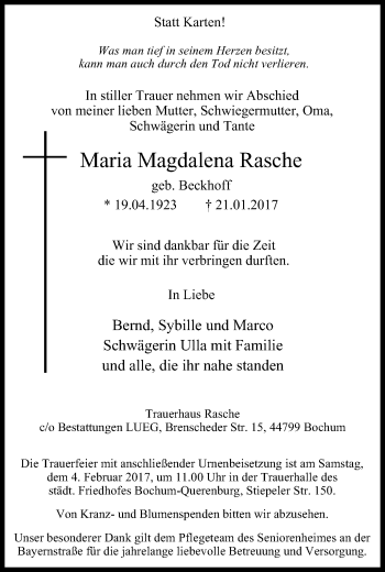 Traueranzeigen von Maria Magdalena Rasche | Trauer-in-NRW.de