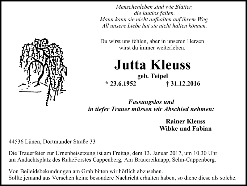  Traueranzeige für Jutta Kleuss vom 07.01.2017 aus Lüner Anzeiger