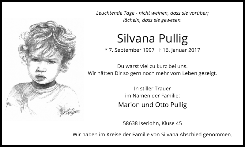  Traueranzeige für Silvana Pullig vom 28.01.2017 aus Stadtspiegel Iserlohn + Hemer
