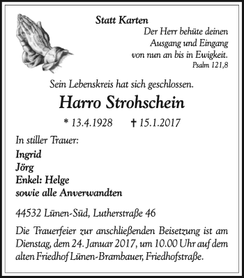 Traueranzeige von Harro Strohschein von Lüner Anzeiger