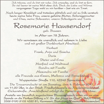 Traueranzeige von Rosemarie Hausendorf von Stadtspiegel Hattingen/Niedersprockhövel