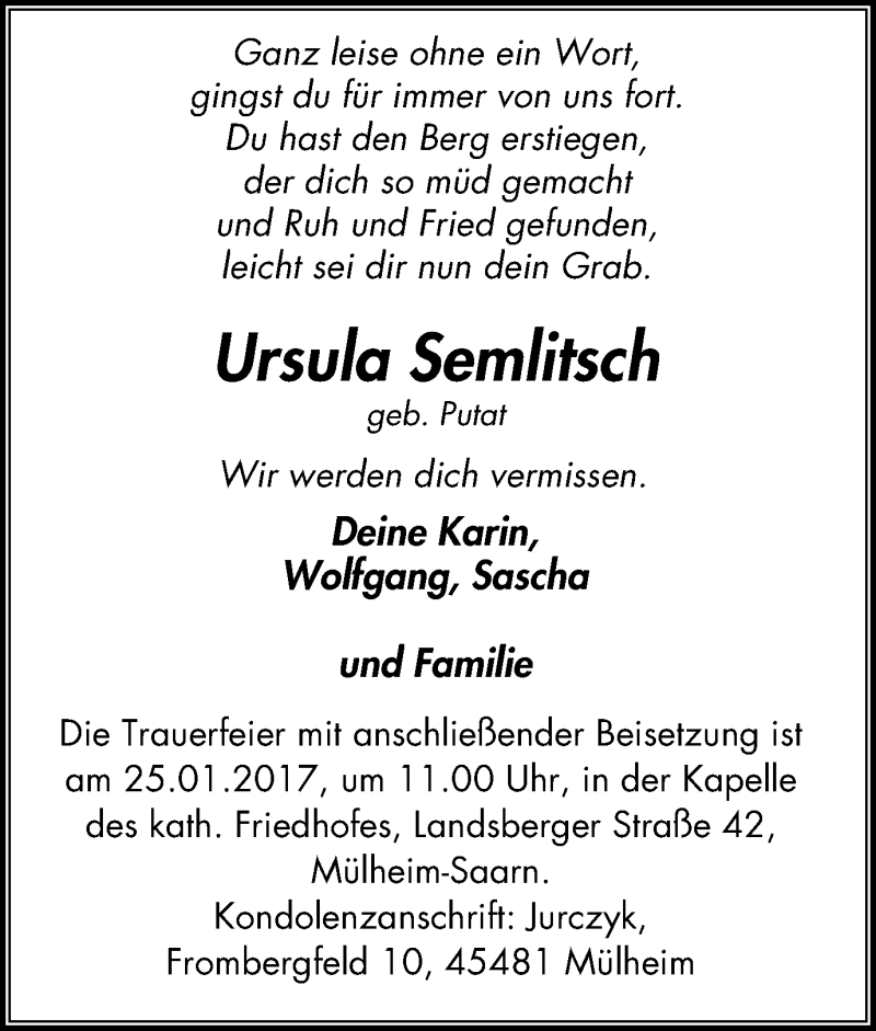  Traueranzeige für Ursula Semlitsch vom 21.01.2017 aus Mülheimer Woche
