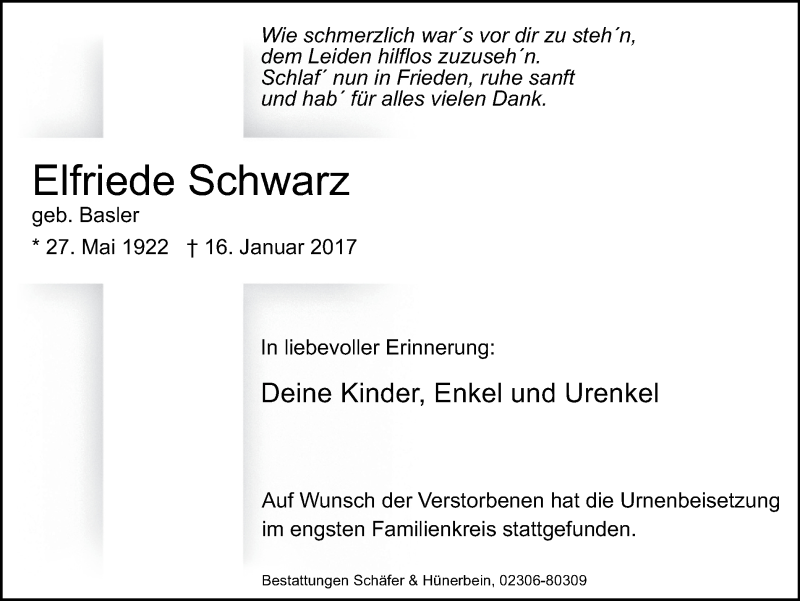  Traueranzeige für Elfriede Schwarz vom 21.01.2017 aus Lüner Anzeiger