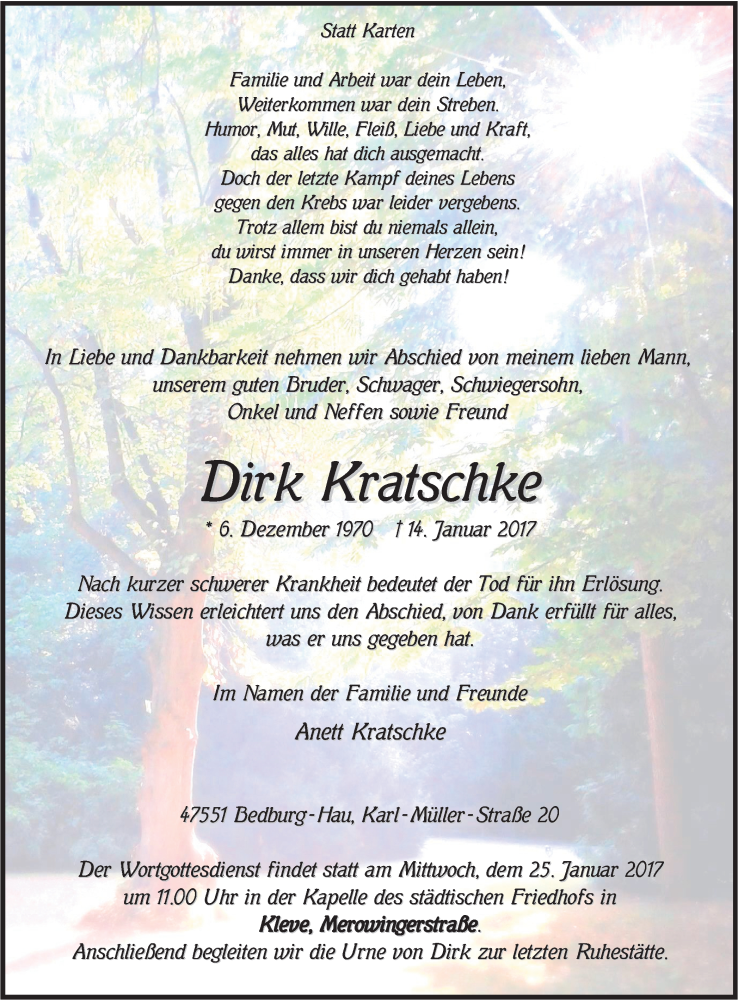  Traueranzeige für Dirk Kratschke vom 21.01.2017 aus Klever Wochenblatt