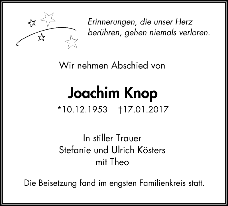  Traueranzeige für Joachim Knop vom 21.01.2017 aus Stadtspiegel Hattingen/Niedersprockhövel