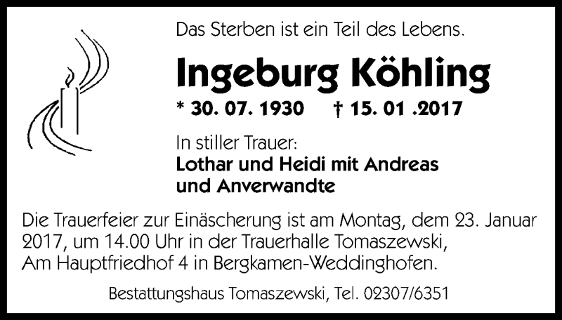  Traueranzeige für Ingeburg Köhling vom 18.01.2017 aus Stadtspiegel Kamen + Unna