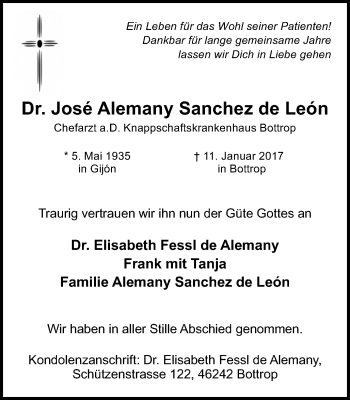 Traueranzeige von Jose Alemany Sanchez de Leon von Stadtspiegel Bottrop