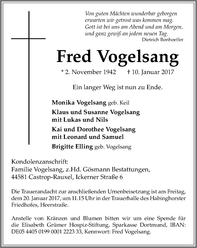  Traueranzeige für Fred Vogelsang vom 14.01.2017 aus Stadtanz.Castrop-Rauxel