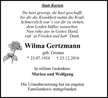 Traueranzeige von Wilma Gertzmann von Wochen-Anzeiger Oberhausen
