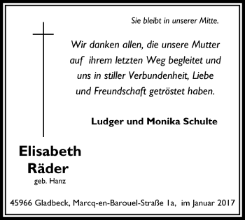 Traueranzeige von Elisabeth Räder von Stadtspiegel Gladbeck