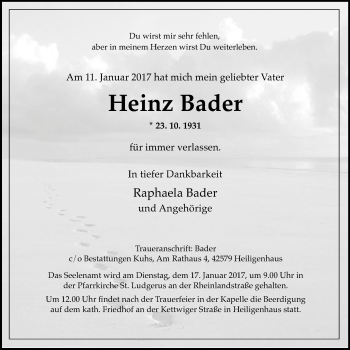 Traueranzeige von Heinz Bader von Stadtanzeiger Velbert + Heiligenhaus
