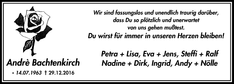  Traueranzeige für Andrè Bachtenkirch vom 28.01.2017 aus Stadtspiegel Iserlohn + Hemer