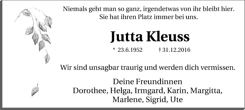  Traueranzeige für Jutta Kleuss vom 11.01.2017 aus Lüner Anzeiger
