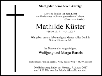 Traueranzeige von Mathilde Küster von Stadtanzeiger Emmerich/Rees/Isselburg
