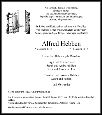 Traueranzeige von Alfred Hebben von Klever Wochenblatt