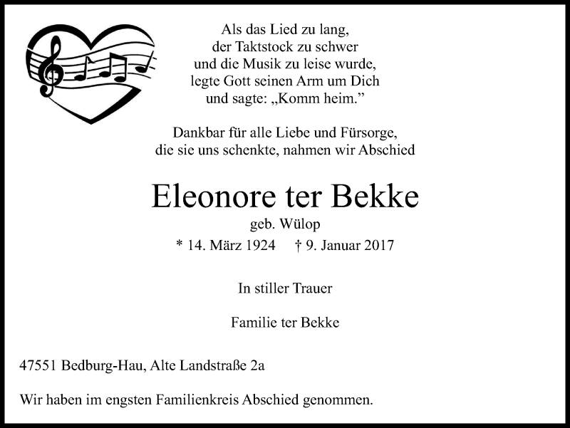  Traueranzeige für Eleonore ter Bekke vom 14.01.2017 aus Klever Wochenblatt