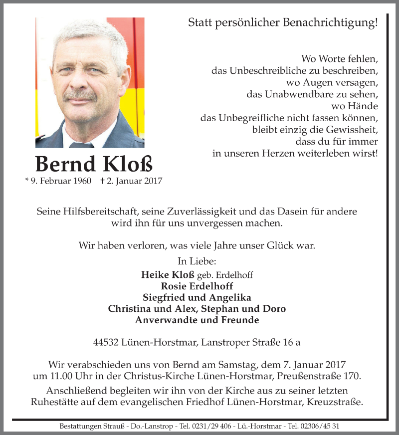  Traueranzeige für Bernd Kloß vom 04.01.2017 aus Lüner Anzeiger