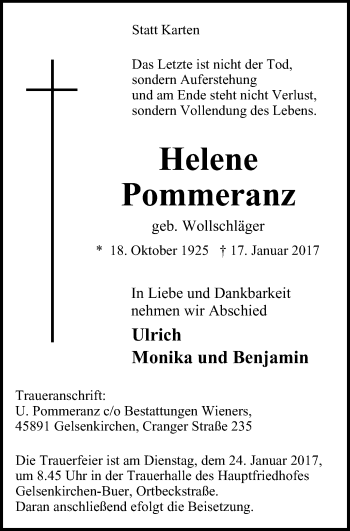 Traueranzeige von Helene Pommeranz von Stadtspiegel Gelsenkirchen