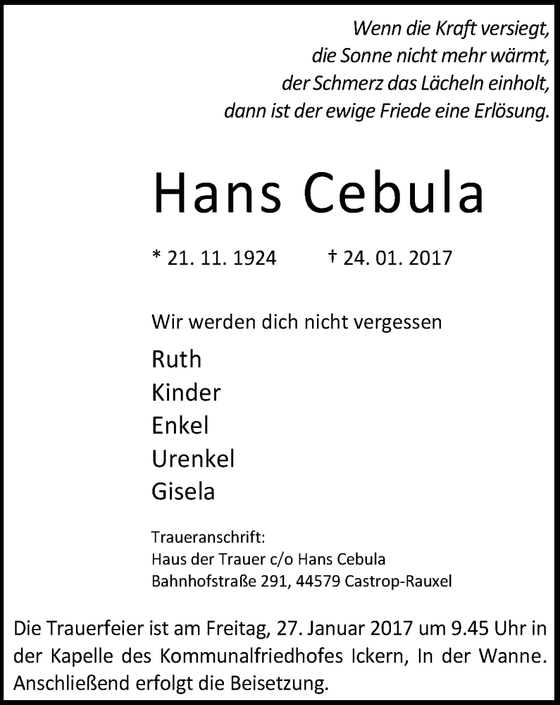  Traueranzeige für Hans Cebula vom 25.01.2017 aus Stadtanz.Castrop-Rauxel
