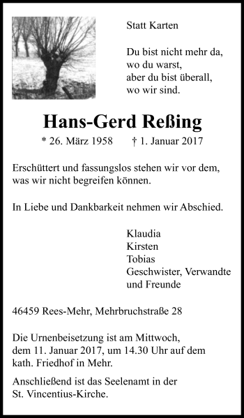 Traueranzeige von Hans-Gerd Reßing von Stadtanzeiger Emmerich/Rees/Isselburg