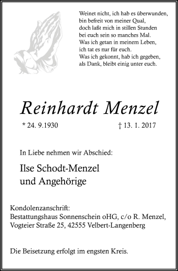 Traueranzeige von Reinhardt Menzel von Stadtanzeiger Velbert + Heiligenhaus