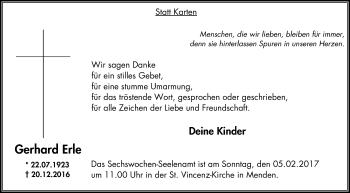 Traueranzeige von Gerhard Erle von Stadtspiegel Menden + Froendenberg