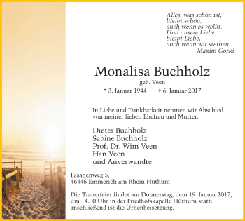 Traueranzeige von Monalisa Buchholz von Stadtanzeiger Emmerich/Rees/Isselburg