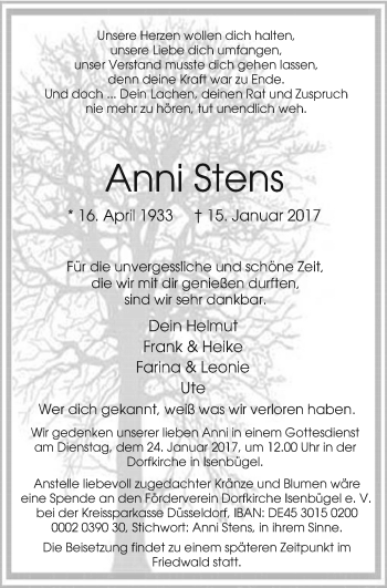 Traueranzeige von Anni Stens von Stadtanzeiger Velbert + Heiligenhaus