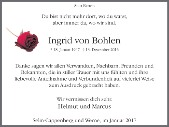 Traueranzeige von Ingrid von Bohlen von Lüner Anzeiger