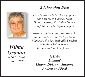 Traueranzeige von Wilma Gronau von Stadtspiegel Bottrop