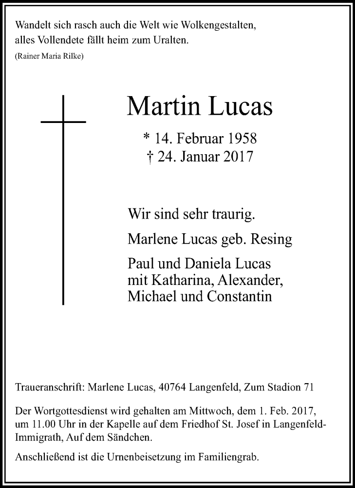  Traueranzeige für Martin Lucas vom 28.01.2017 aus Wochen-Anzeiger Langenfeld/Monheim/Hilden