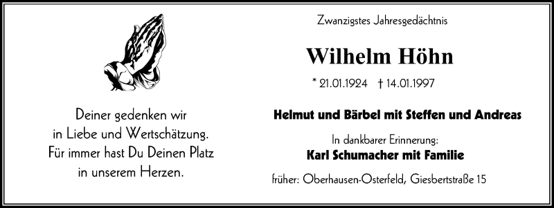  Traueranzeige für Wilhelm Höhn vom 14.01.2017 aus Wochen-Anzeiger Oberhausen