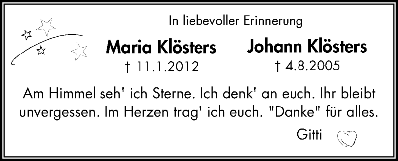  Traueranzeige für Maria und Johann Klösters vom 11.01.2017 aus Wochen-Anzeiger Oberhausen