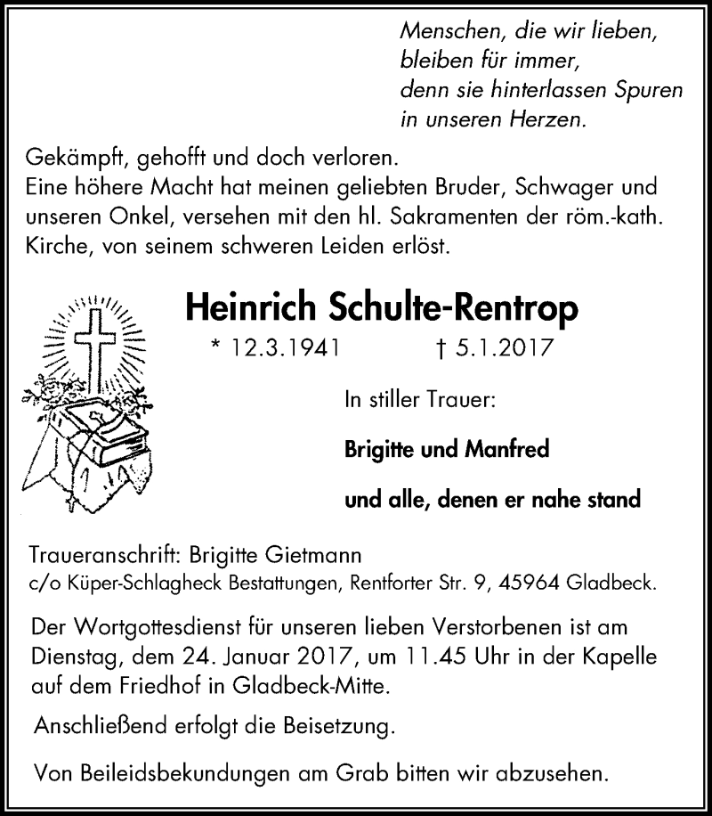  Traueranzeige für Heinrich Schulte-Rentrop vom 21.01.2017 aus Stadtspiegel Gladbeck