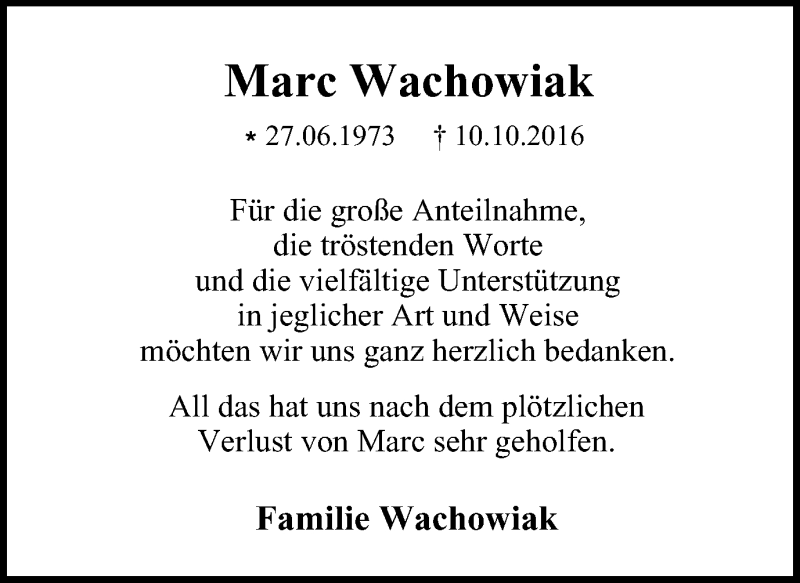  Traueranzeige für Marc Wachowiak vom 07.01.2017 aus Wochen-Anzeiger Oberhausen