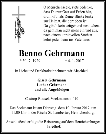 Traueranzeige von Benno Gehrmann von Stadtanz.Castrop-Rauxel