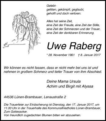 Traueranzeige von Uwe Raberg von Lüner Anzeiger