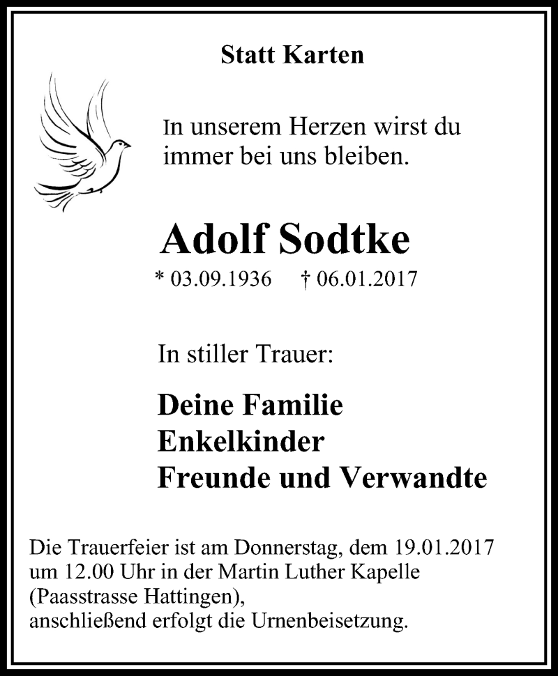  Traueranzeige für Adolf Sodtke vom 14.01.2017 aus Stadtspiegel Hattingen/Niedersprockhövel