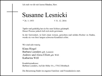 Traueranzeige von Susanne Lesnicki von Mülheimer Woche