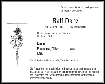 Traueranzeige von Ralf Denz von Stadtspiegel Wattenscheid