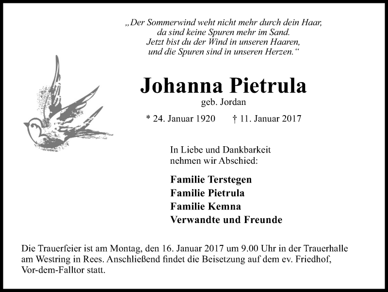 Traueranzeigen von Johanna Pietrula TrauerinNRW.de