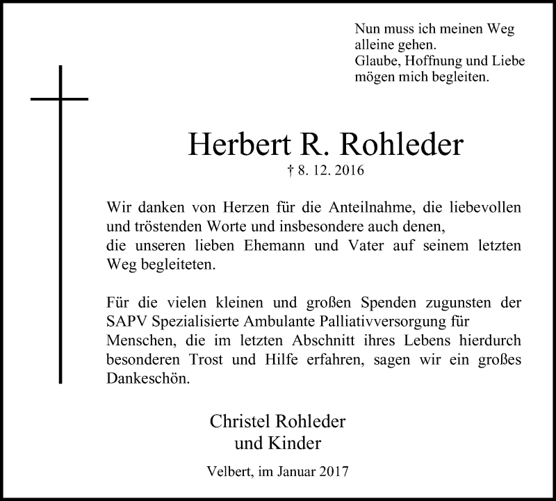  Traueranzeige für Herbert R. Rohleder vom 14.01.2017 aus Stadtanzeiger Velbert + Heiligenhaus