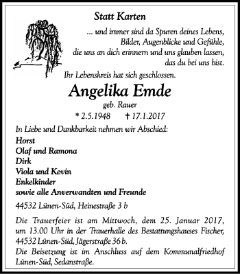 Traueranzeige von Angelika Emde von Lüner Anzeiger