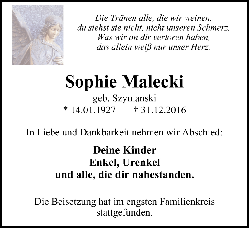  Traueranzeige für Sophie Malecki vom 07.01.2017 aus Wochen-Anzeiger Oberhausen