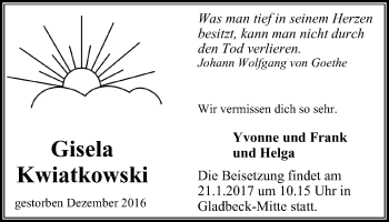 Traueranzeige von Gisela Kwiatkowski von Stadtspiegel Gladbeck