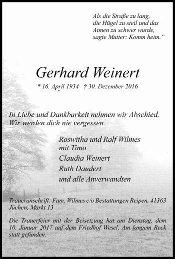 Traueranzeige von Gerhard Weinert von Der Weseler + Der Xantener