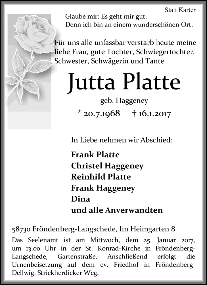  Traueranzeige für Jutta Platte vom 21.01.2017 aus Stadtspiegel Menden + Froendenberg