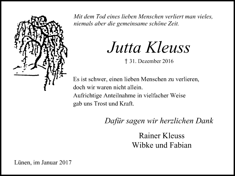  Traueranzeige für Jutta Kleuss vom 21.01.2017 aus Lüner Anzeiger